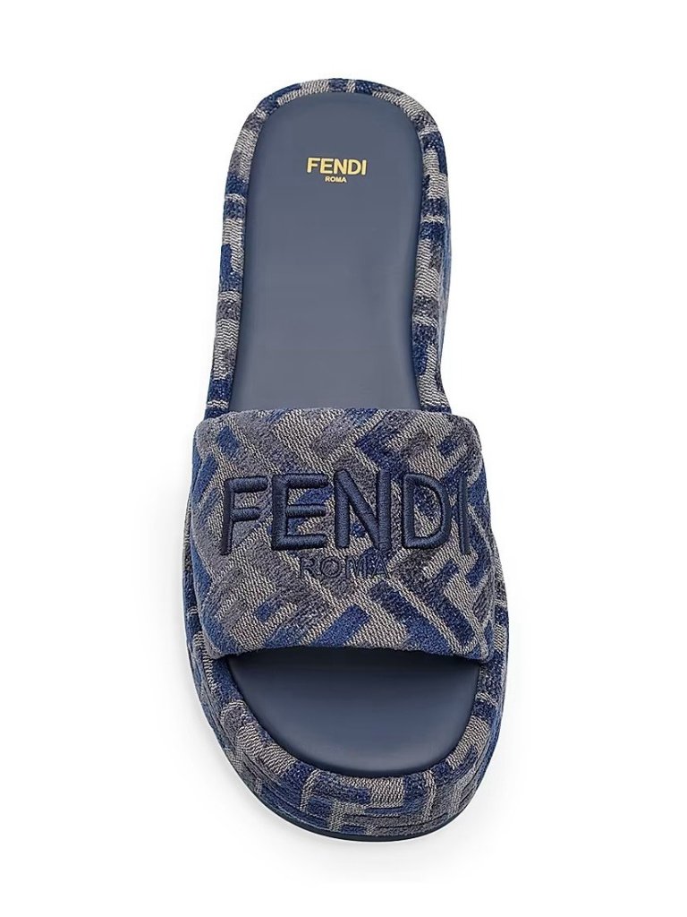 New Fendi Sunshine Ff Chenille Jacquard Platform Sandals Sz 38.5 Grigio Blu Blue